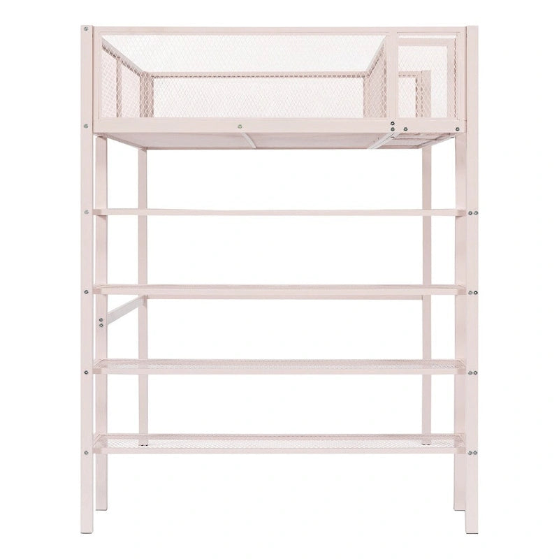 Cama alta moderna de metal, tamaño individual, con estantes de 4 niveles y almacenamiento