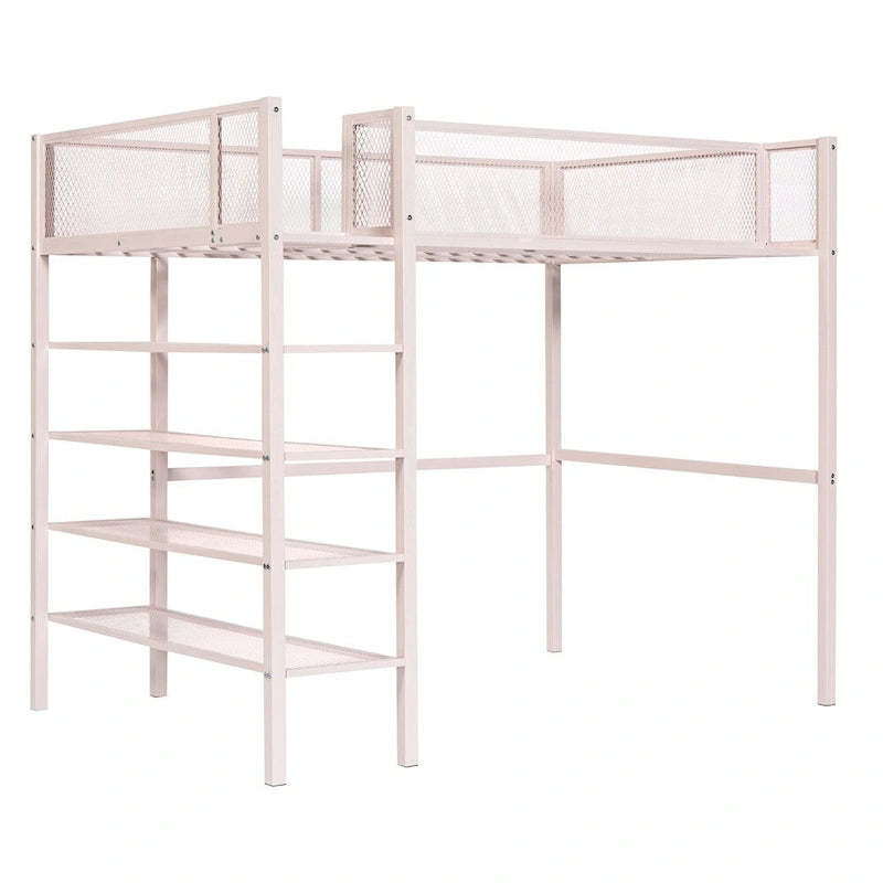 Cama alta moderna de metal, tamaño individual, con estantes de 4 niveles y almacenamiento