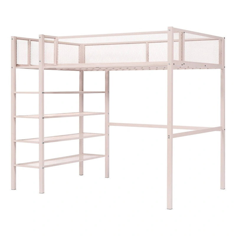 Cama alta moderna de metal, tamaño individual, con estantes de 4 niveles y almacenamiento
