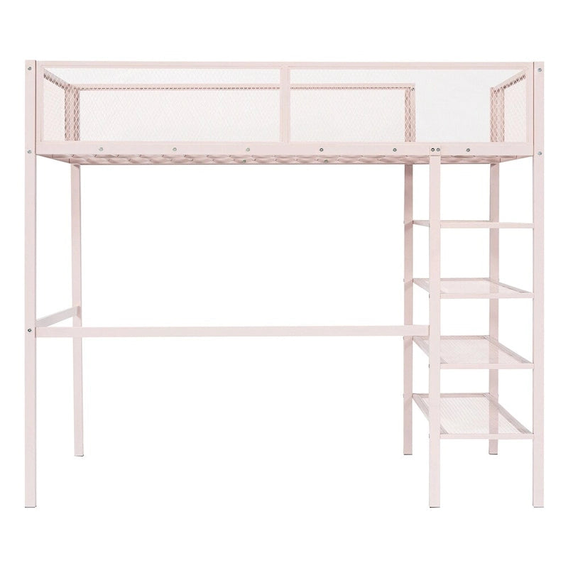 Cama alta moderna de metal, tamaño individual, con estantes de 4 niveles y almacenamiento