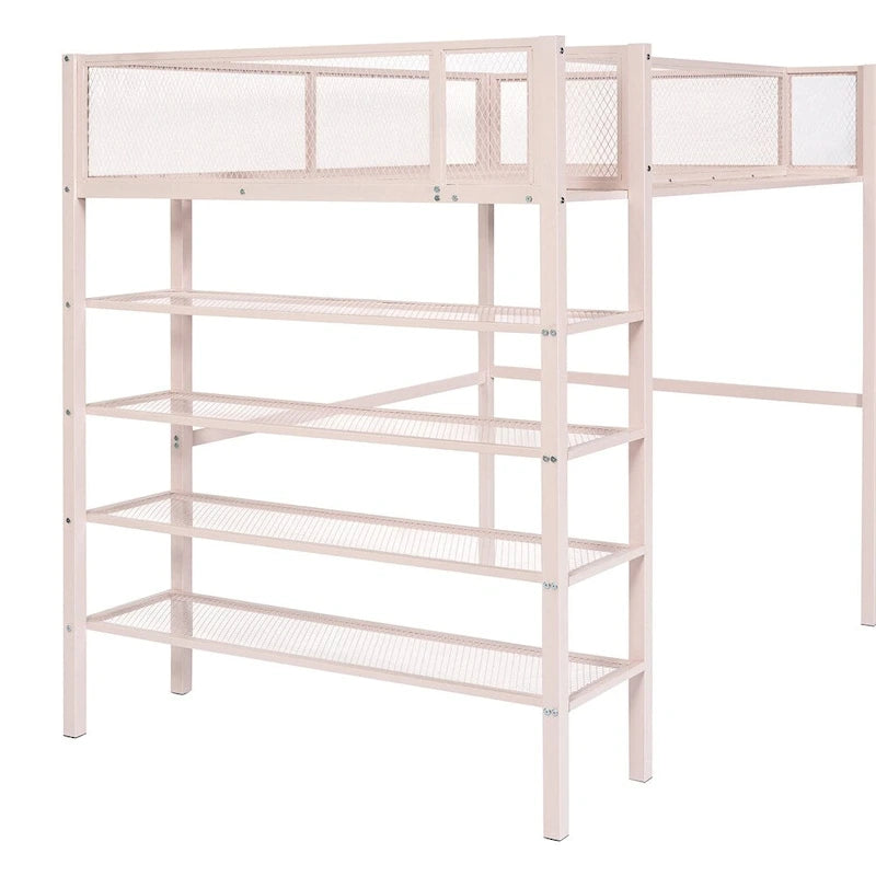 Cama alta moderna de metal, tamaño individual, con estantes de 4 niveles y almacenamiento