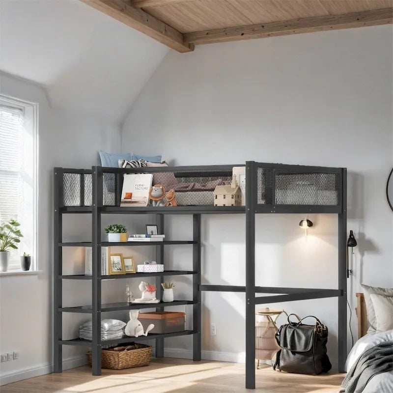 Cama alta moderna de metal, tamaño individual, con estantes de 4 niveles y almacenamiento