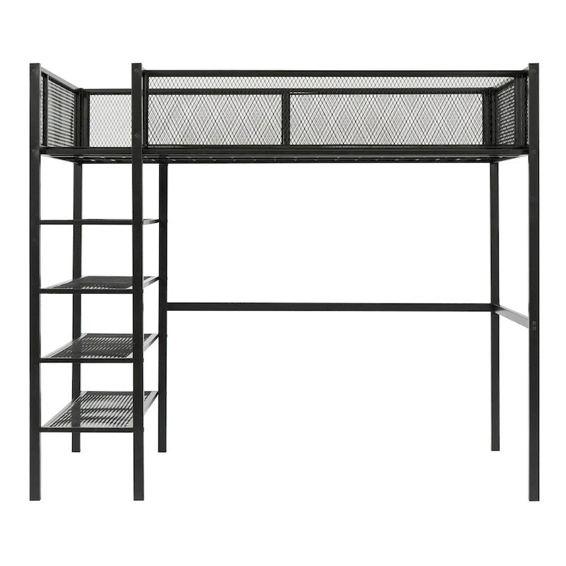Cama alta moderna de metal, tamaño individual, con estantes de 4 niveles y almacenamiento