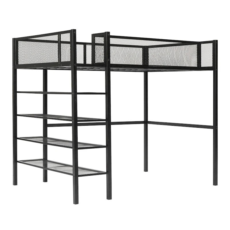 Cama alta moderna de metal, tamaño individual, con estantes de 4 niveles y almacenamiento