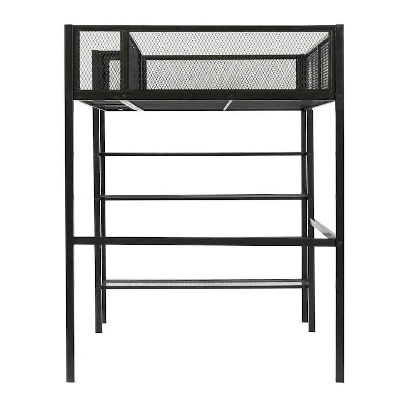 Cama alta moderna de metal, tamaño individual, con estantes de 4 niveles y almacenamiento