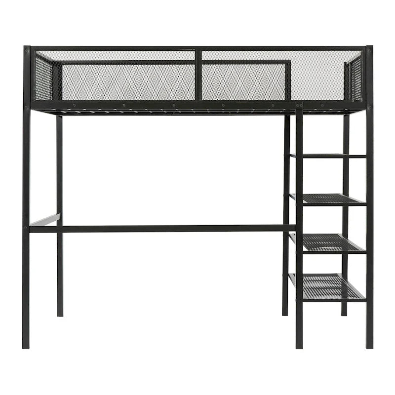 Cama alta moderna de metal, tamaño individual, con estantes de 4 niveles y almacenamiento