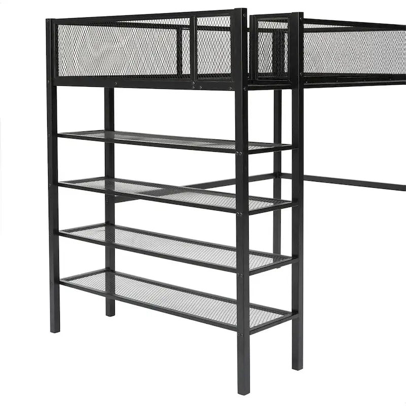 Cama alta moderna de metal, tamaño individual, con estantes de 4 niveles y almacenamiento