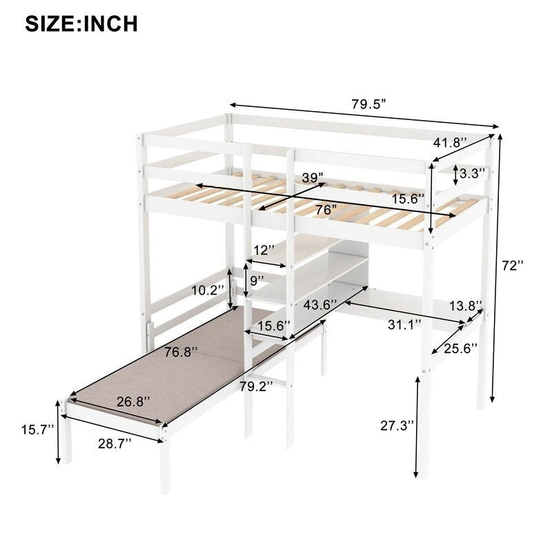 Cama alta doble convertible con escritorio en forma de L