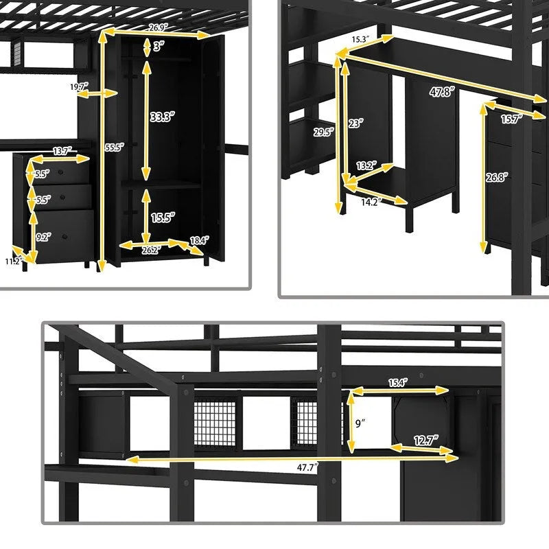 Metal Loft Bed With Wardrobe,Table,Drawer and 4-layers Ladder