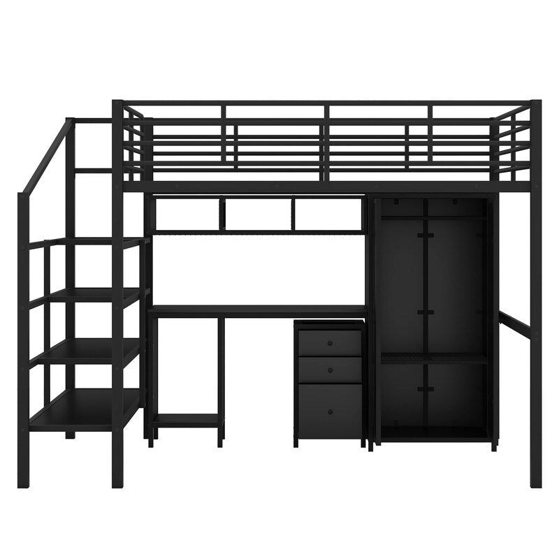Cama alta de metal con armario, mesa, cajón y escalera de 4 peldaños