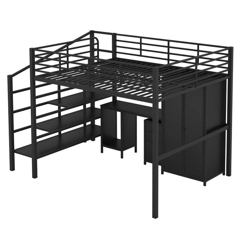 Cama alta de metal con armario, mesa, cajón y escalera de 4 peldaños