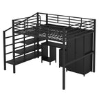 Cama alta de metal con armario, mesa, cajón y escalera de 4 peldaños