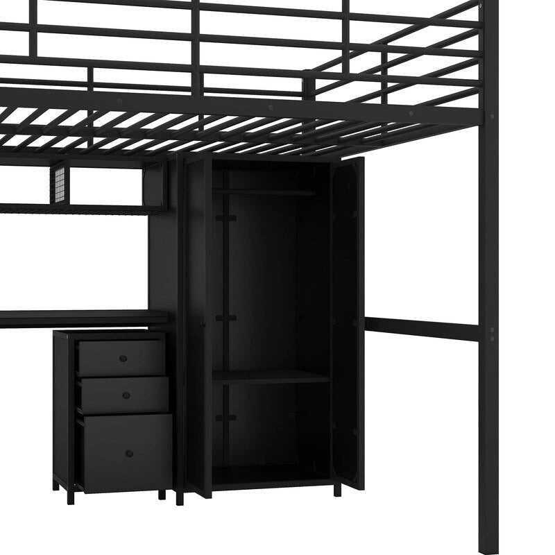 Cama alta de metal con armario, mesa, cajón y escalera de 4 peldaños