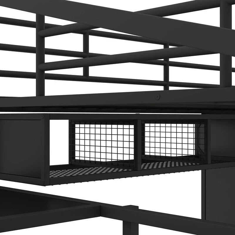 Cama alta de metal con armario, mesa, cajón y escalera de 4 peldaños