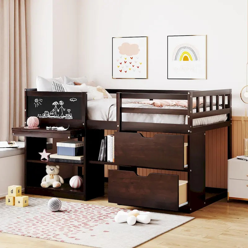 Cama individual elevada con escritorio rodante