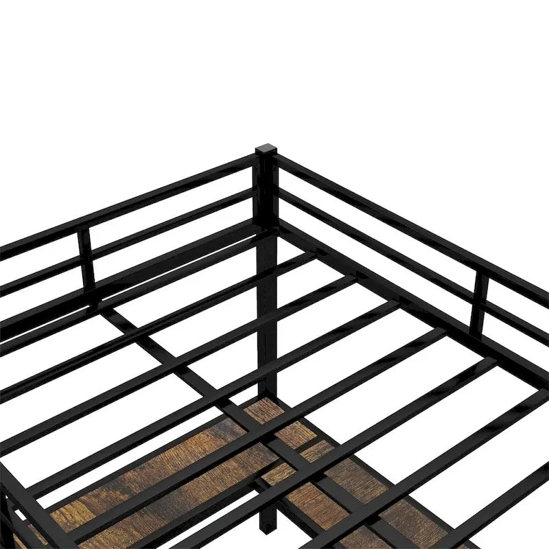 Cama alta de metal con escritorio y estantes, escalera y barandillas de seguridad