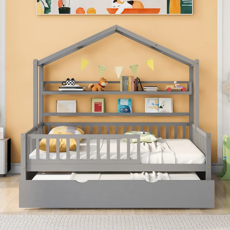 Cama de madera para casa de tamaño completo con cama nido individual