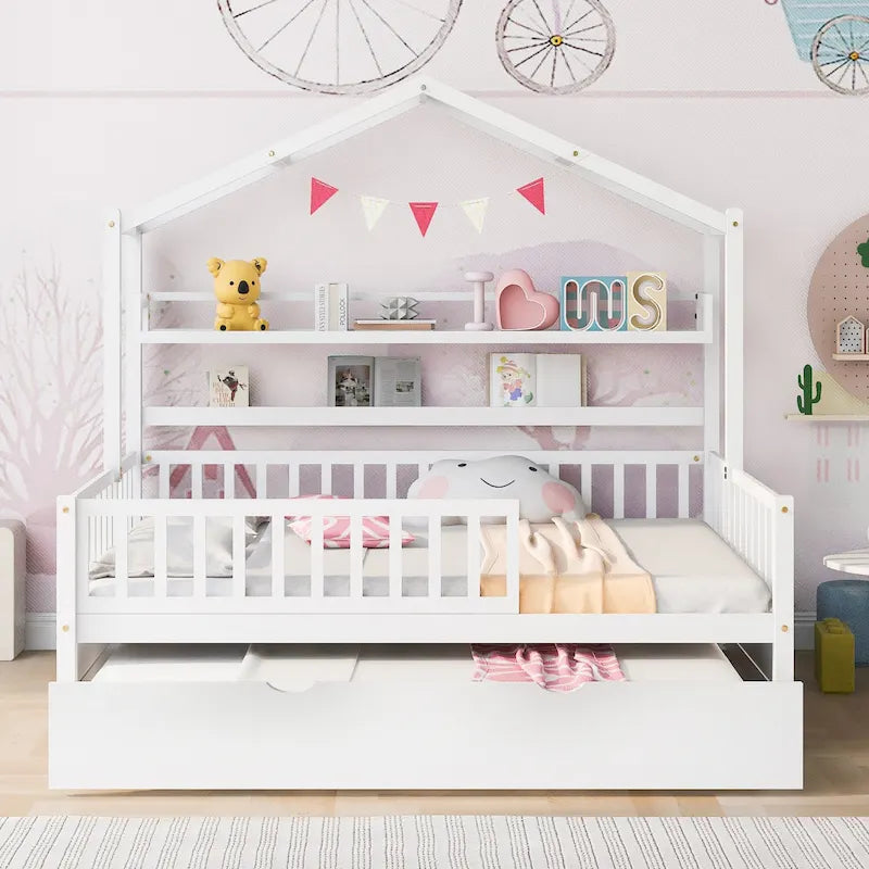 Cama de madera para casa de tamaño completo con cama nido individual