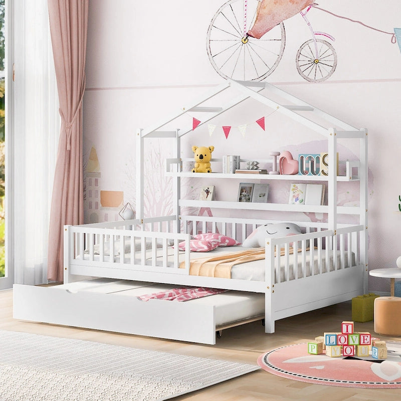Cama de madera para casa de tamaño completo con cama nido individual