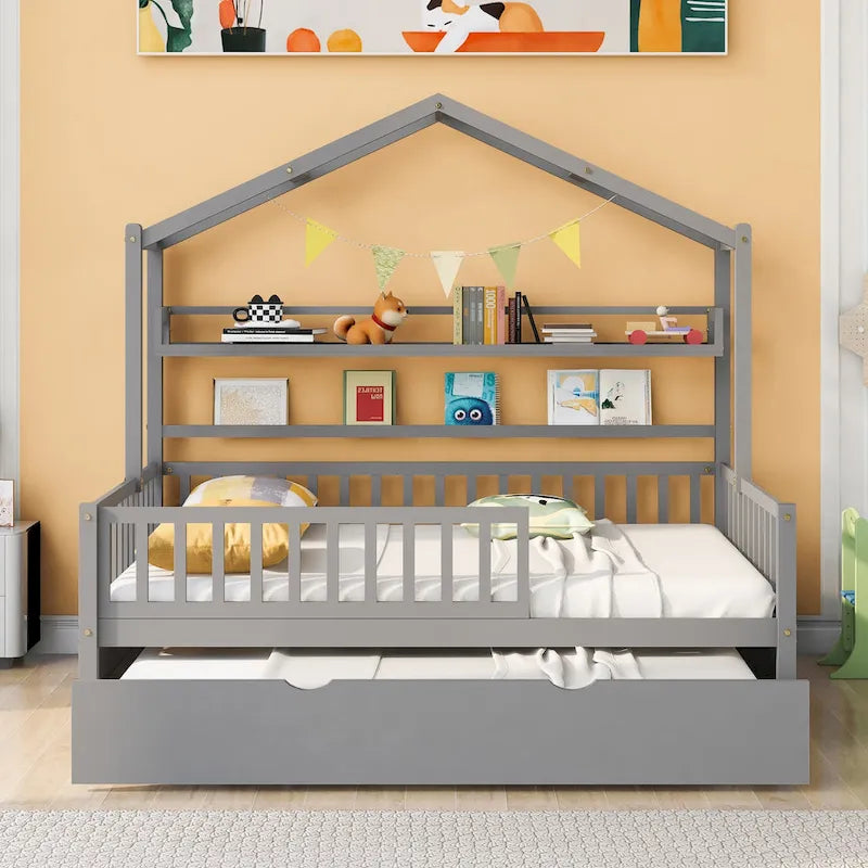 Cama de madera para casa de tamaño completo con cama nido individual