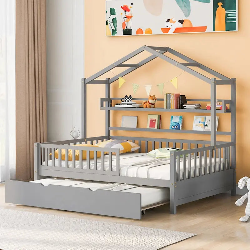 Cama de madera para casa de tamaño completo con cama nido individual