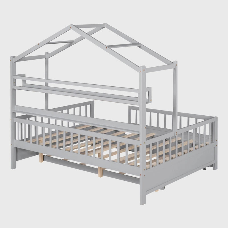 Cama de madera para casa de tamaño completo con cama nido individual
