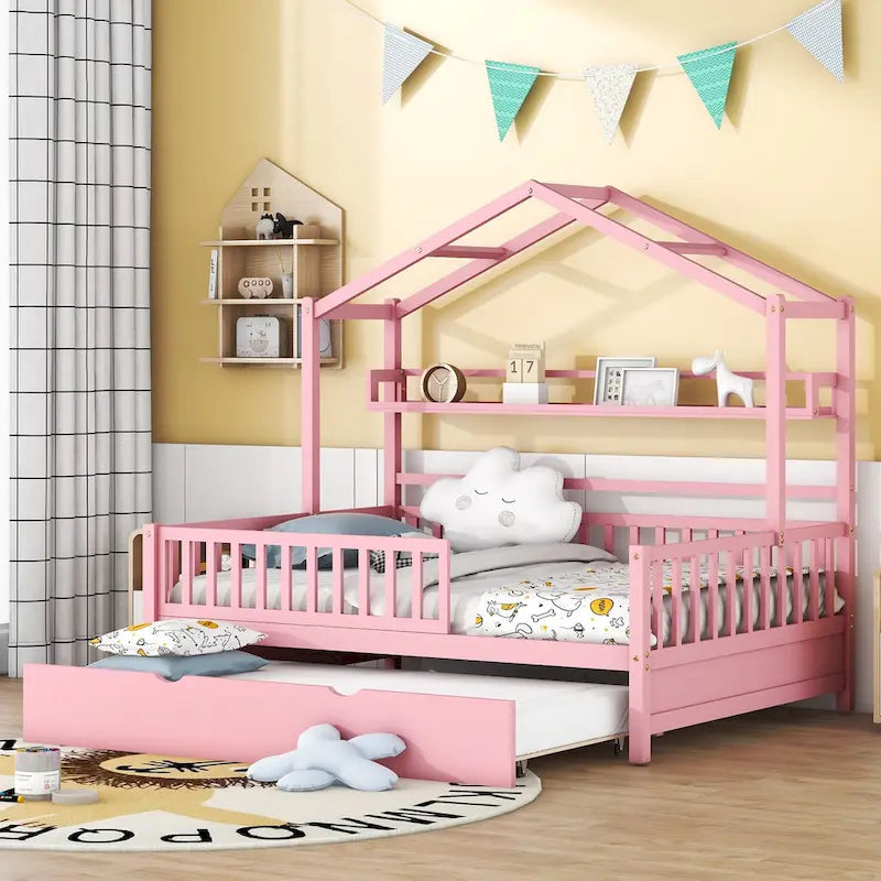 Cama de madera para casa de tamaño completo con cama nido individual