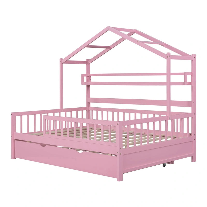 Cama de madera para casa de tamaño completo con cama nido individual