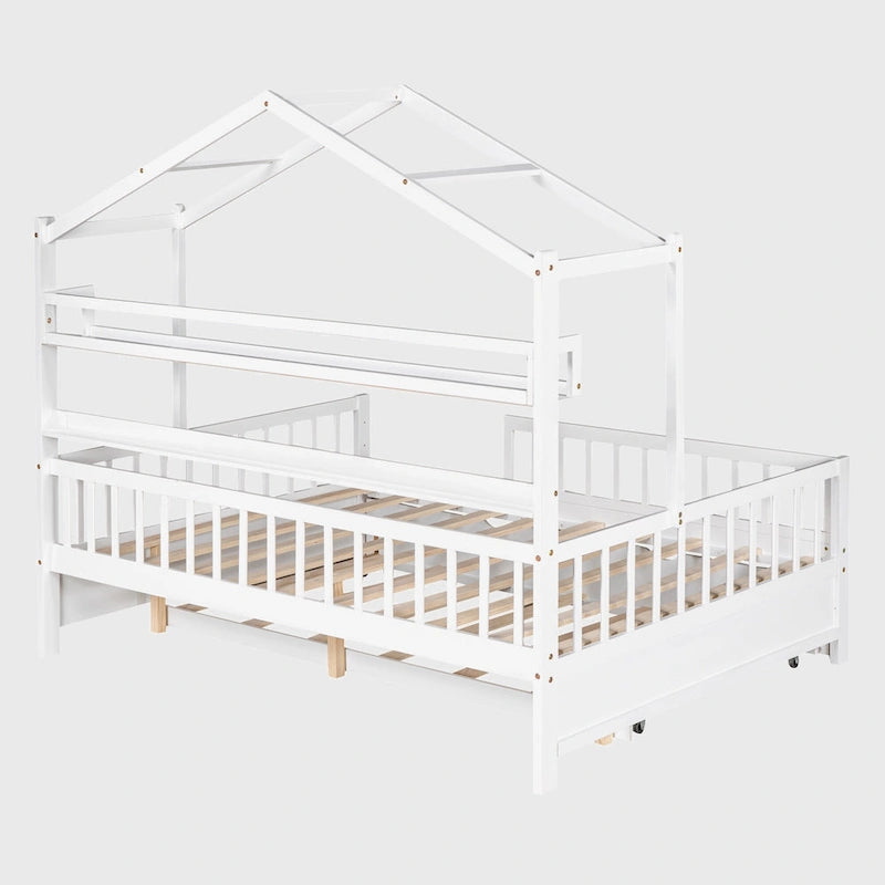 Cama de madera para casa de tamaño completo con cama nido individual