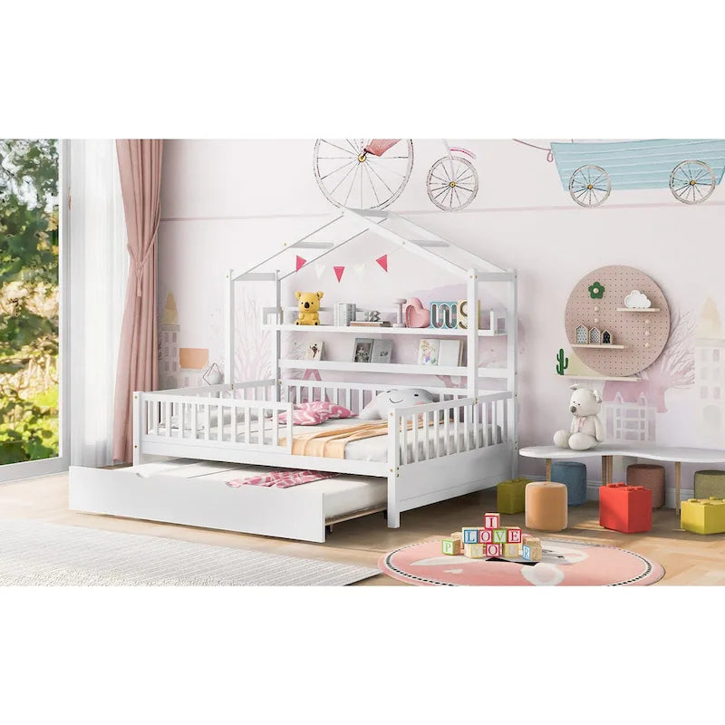 Cama de madera para casa de tamaño completo con cama nido individual