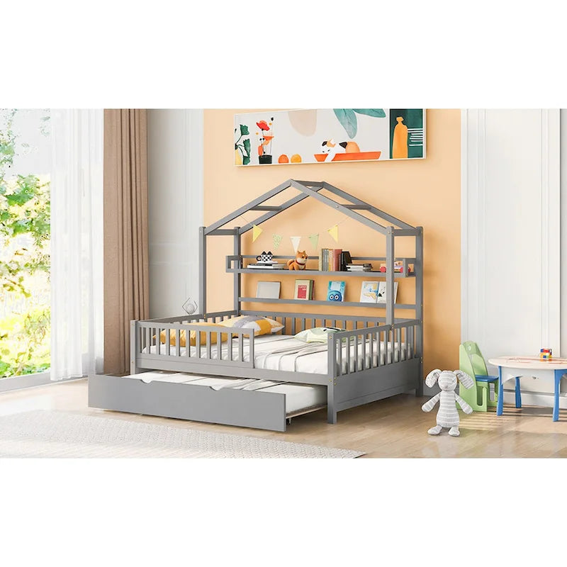 Cama de madera para casa de tamaño completo con cama nido individual