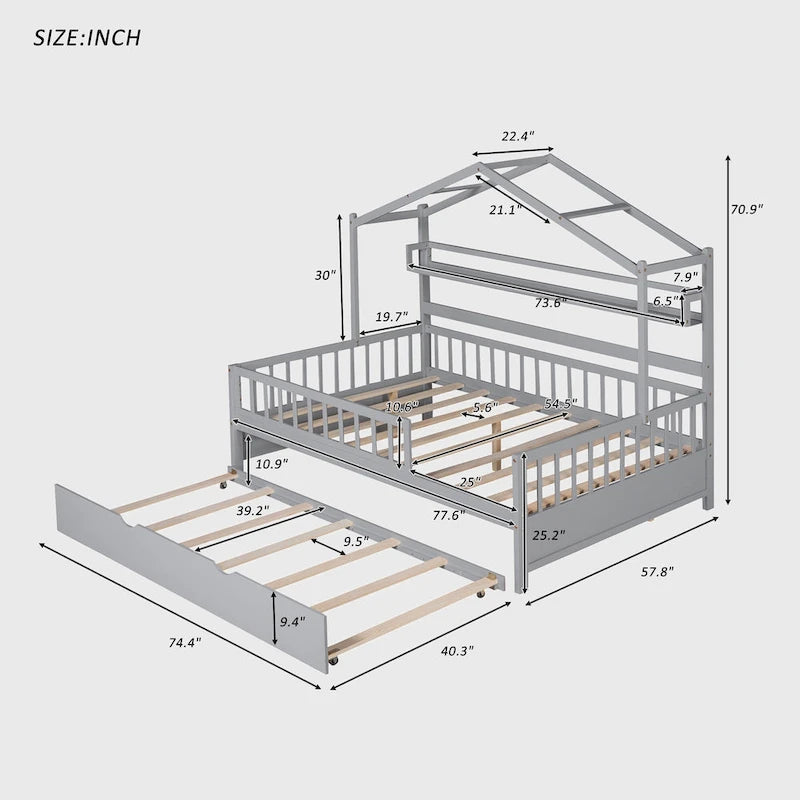 Cama de madera para casa de tamaño completo con cama nido individual