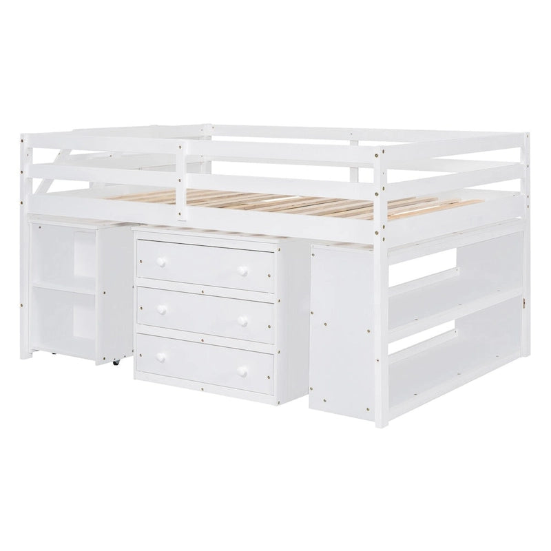 Cama alta blanca de madera maciza tamaño matrimonial con escritorio retráctil, escaleras de almacenamiento, cajones de almacenamiento y estantes