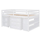 Cama alta blanca de madera maciza tamaño matrimonial con escritorio retráctil, escaleras de almacenamiento, cajones de almacenamiento y estantes