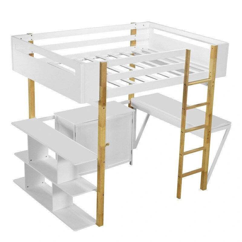 Litera individual de madera con armario y estantería integrados, escritorio plegable