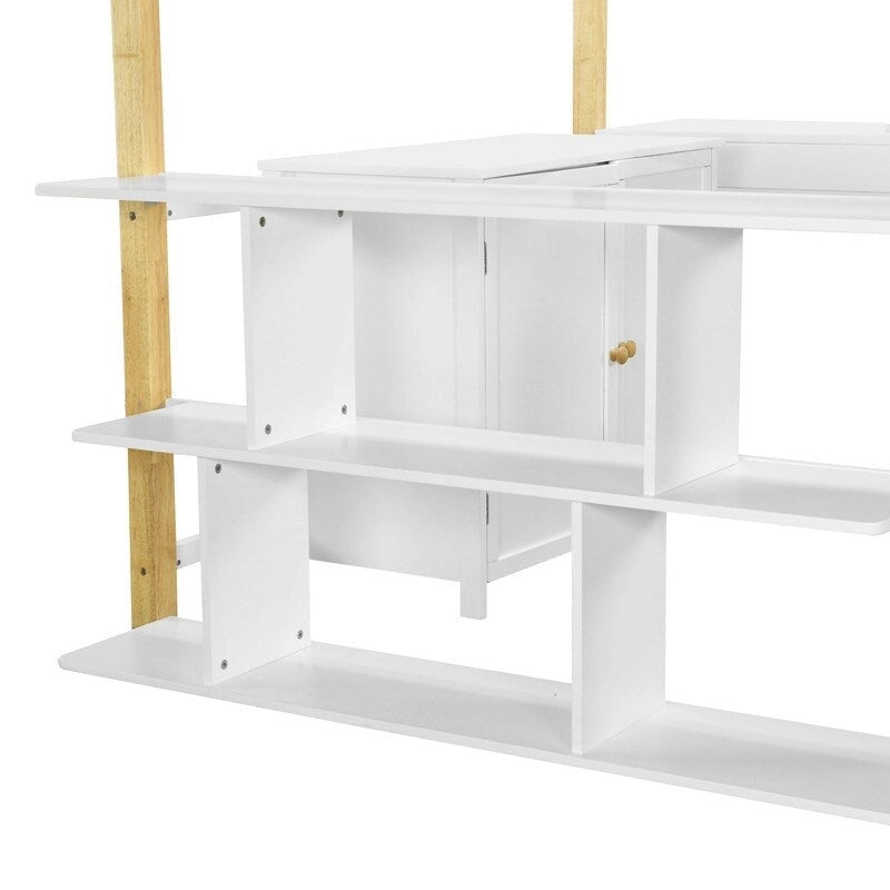 Litera individual de madera con armario y estantería integrados, escritorio plegable