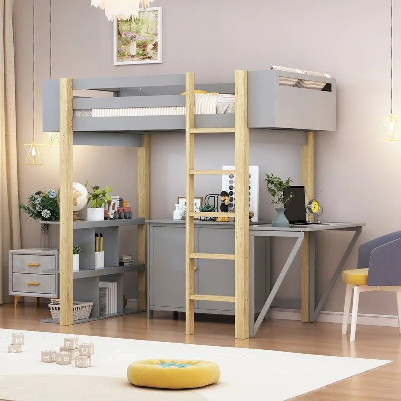 Litera individual de madera con armario y estantería integrados, escritorio plegable