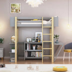 Litera individual de madera con armario y estantería integrados, escritorio plegable