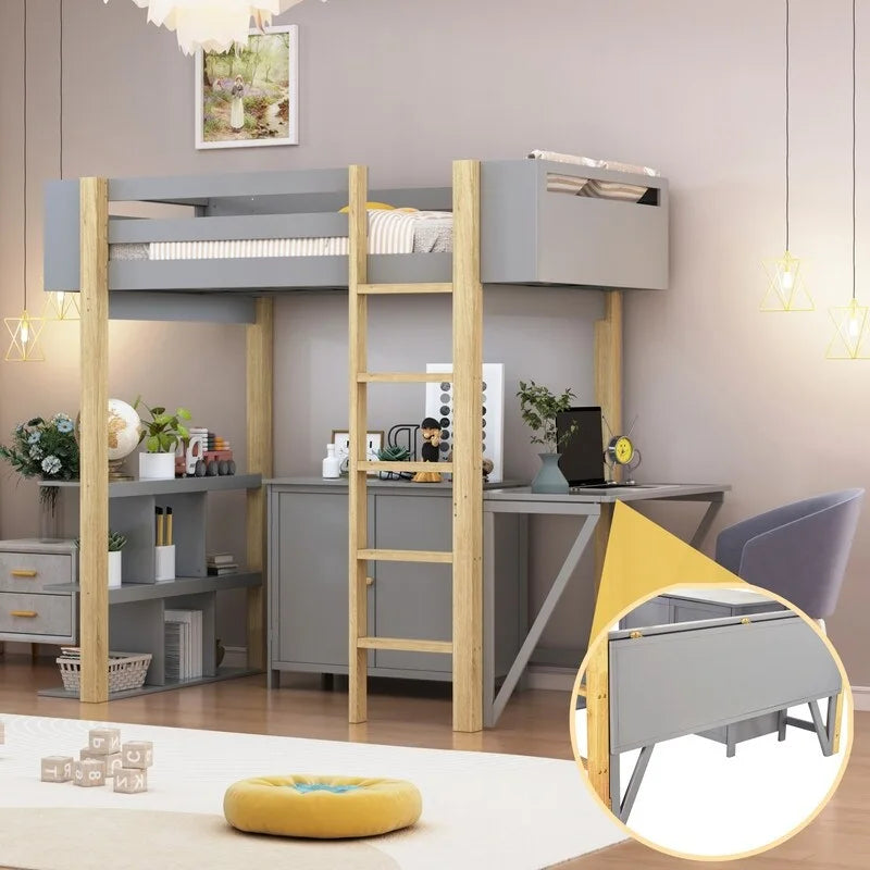 Litera individual de madera con armario y estantería integrados, escritorio plegable
