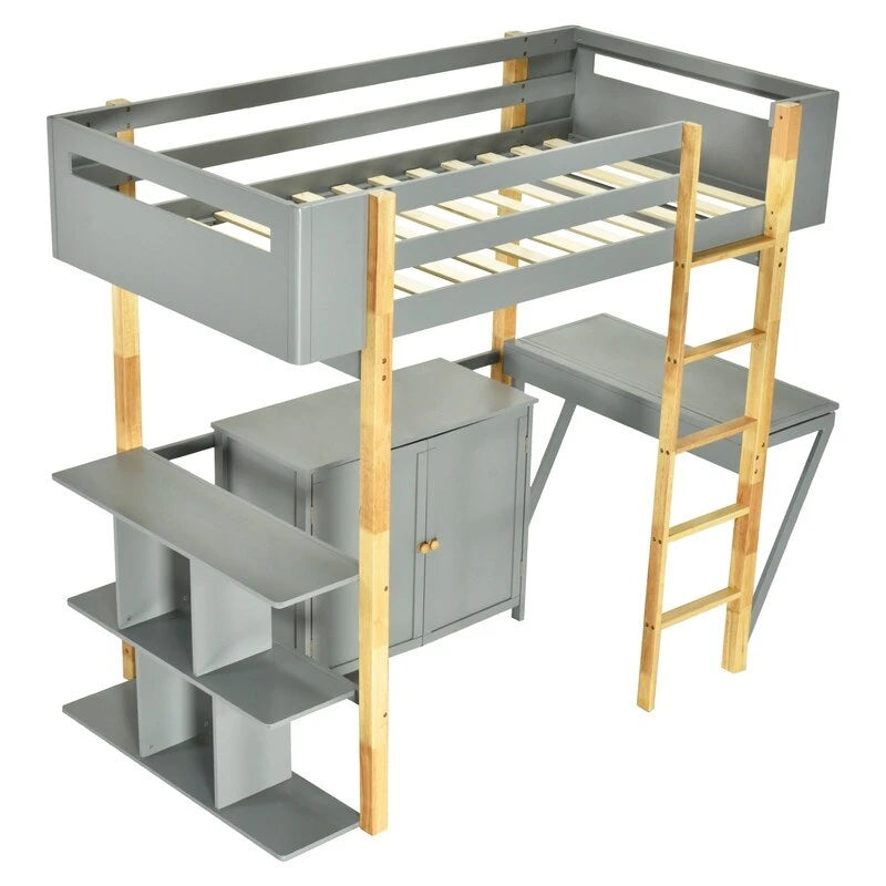 Litera individual de madera con armario y estantería integrados, escritorio plegable