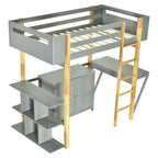Litera individual de madera con armario y estantería integrados, escritorio plegable