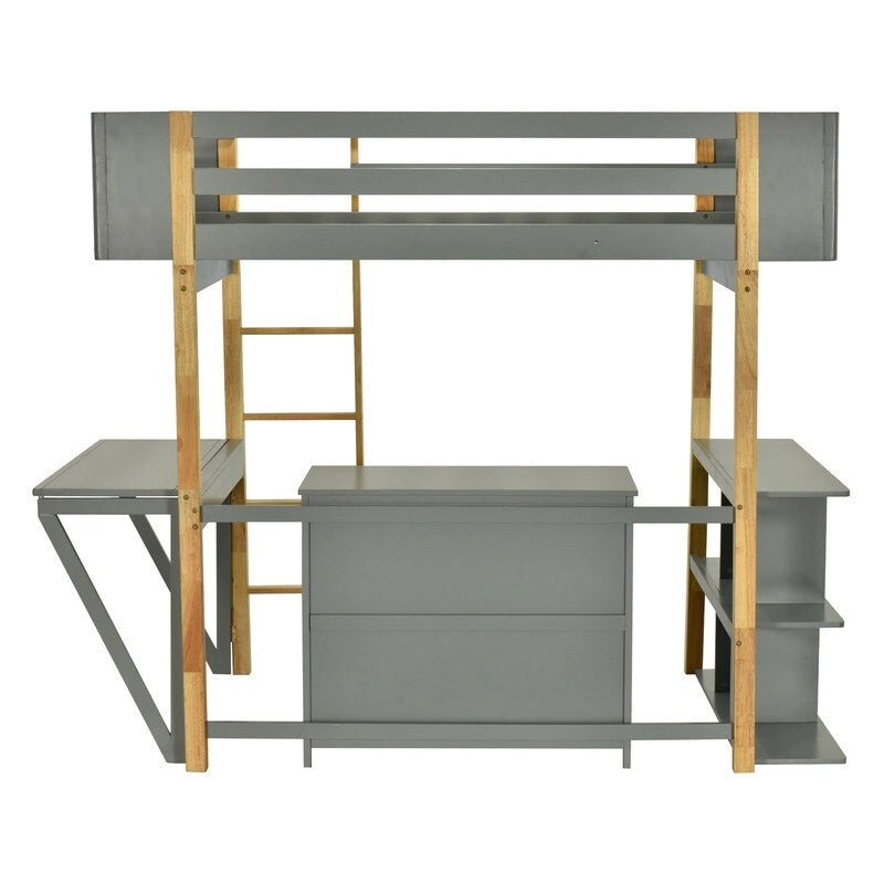 Litera individual de madera con armario y estantería integrados, escritorio plegable
