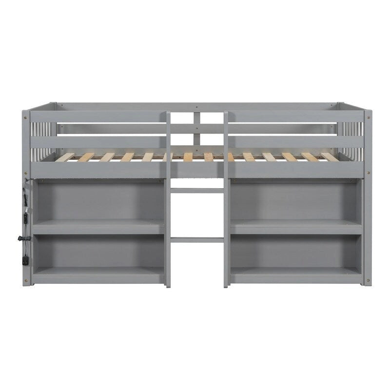 Cama infantil baja tipo loft individual con estantes de dos niveles y luz LED