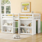 Cama infantil baja tipo loft individual con estantes de dos niveles y luz LED