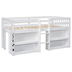Cama infantil baja tipo loft individual con estantes de dos niveles y luz LED