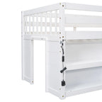 Cama infantil baja tipo loft individual con estantes de dos niveles y luz LED