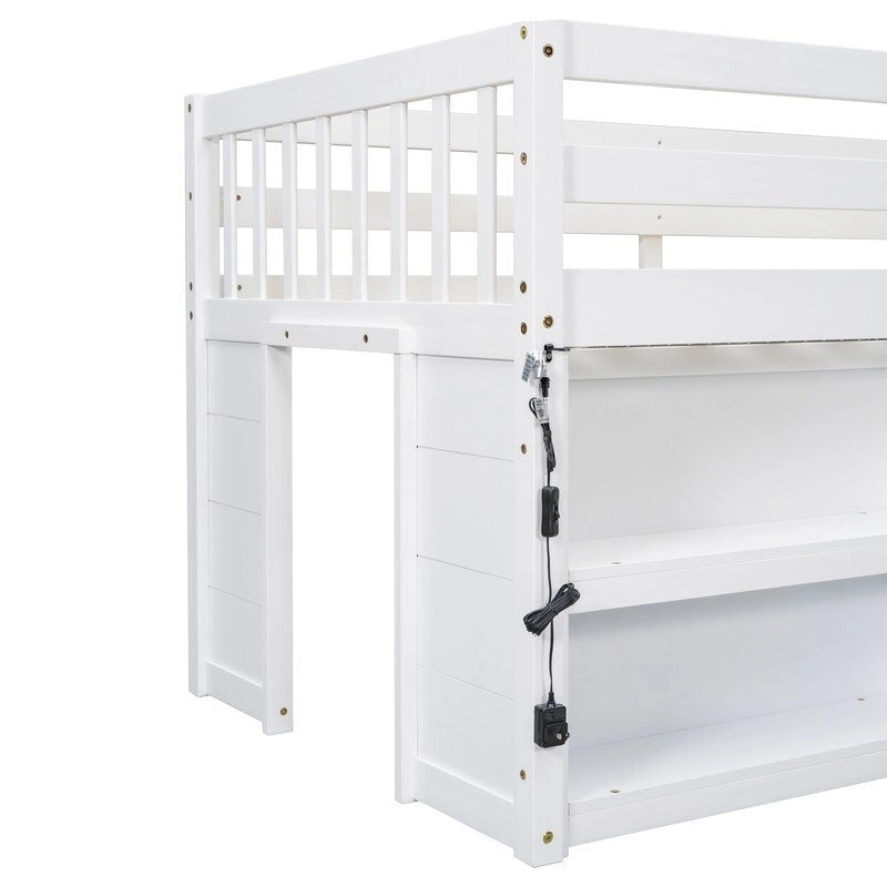 Cama infantil baja tipo loft individual con estantes de dos niveles y luz LED