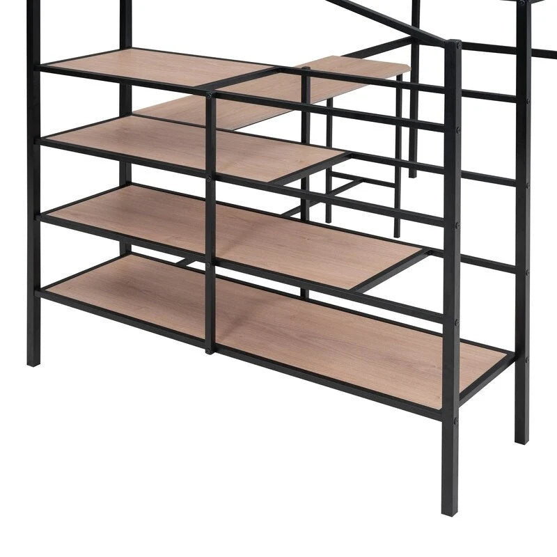 Cama alta de metal con escritorio y almacenamiento lateral de 4 niveles, tamaño matrimonial