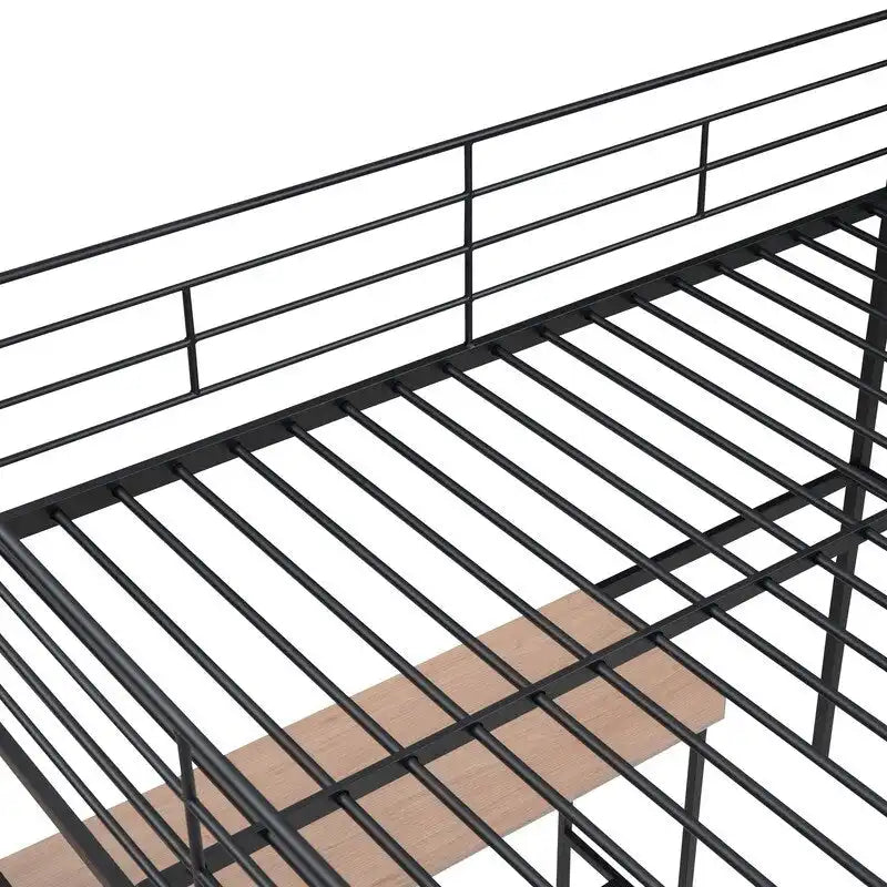 Cama alta de metal con escritorio y almacenamiento lateral de 4 niveles, tamaño matrimonial