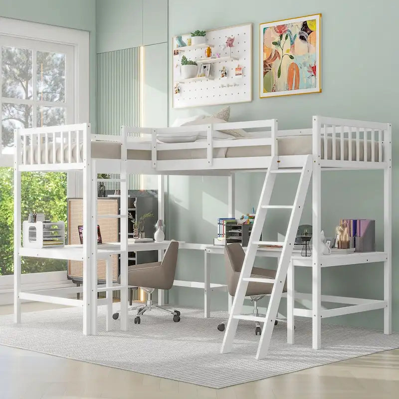 Litera elevada en forma de L de tamaño doble con escalera y 2 escritorios integrados en forma de L